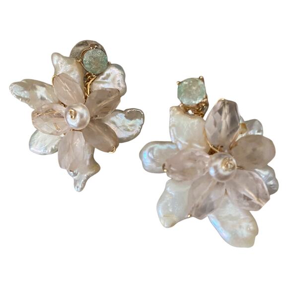 Vintage Rampaige Custom Made Seed Pearl and Pink Green Quartz Pierced Earrings - Picture 2 of 7